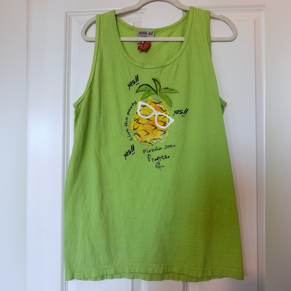 Pirana Joe Green Pineapple Graphic Tank Top